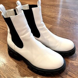 Forever 21 White Slip-On Faux Leather Combat Boot with Chunky Sole